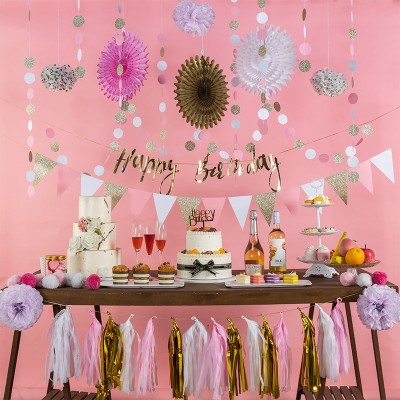 Décorations de fête d'anniversaire rose Pompons Fleurs Kit bannière joyeux anniversaire pour les filles