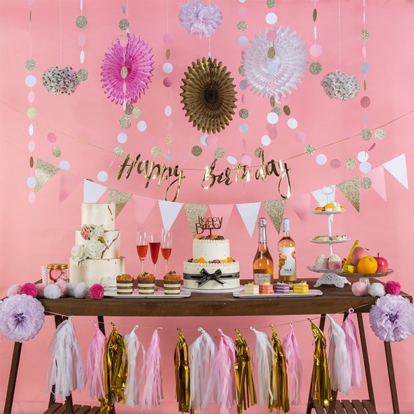 Rosa Geburtstagsparty-Dekorationen Pompoms Blumen Kit Happy Birthday Banner für Mädchen