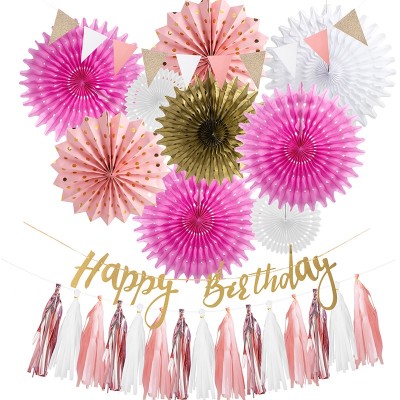 Pink Rose Gold Birthday Decorations | Happy Birthday Banner Paper Fans Party Supplies for Girls