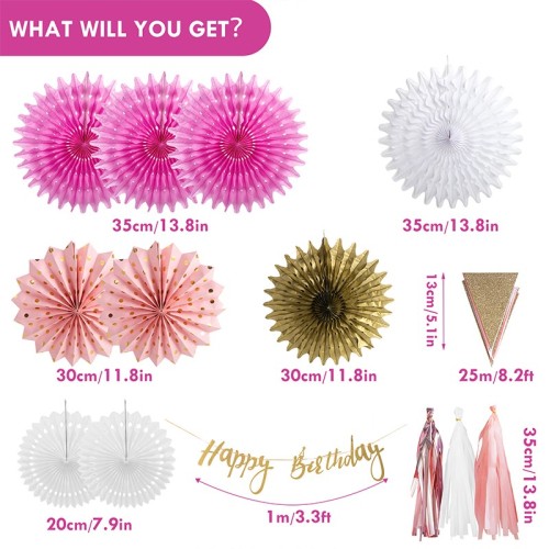 Décorations d'anniversaire en or rose rose | Happy Birthday Banner Paper Fans Articles de fête pour les filles