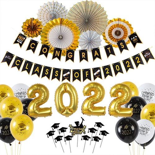 Abschlussdekorationen 2022 Set | Abschlussbanner, Luftballons, Kuchendekoration, Klasse von 2022