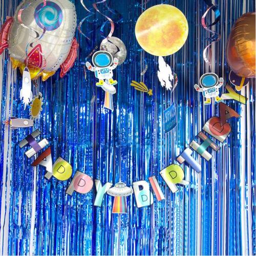 Décorations de fête bannière joyeux anniversaire pour garçons et filles | Bannière fusée et vaisseau spatial