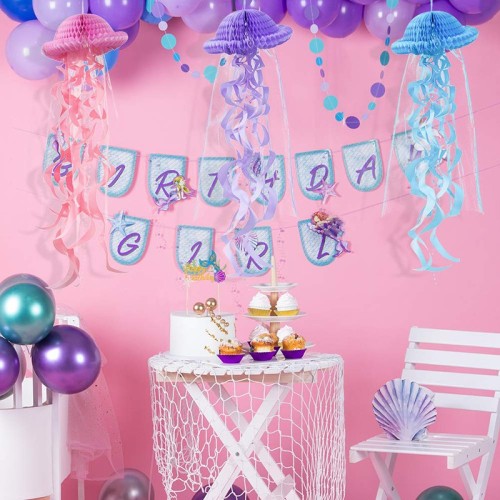 Décorations en nid d'abeille en papier de méduse en gros pour les décorations de fête de sirène de fête d'anniversaire de filles