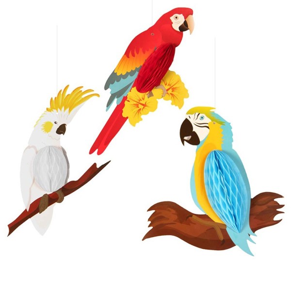 3PCS Honeycomb Parrot Hanging Decorations for Summer Party | Hawaiian Themed Party Ornaments