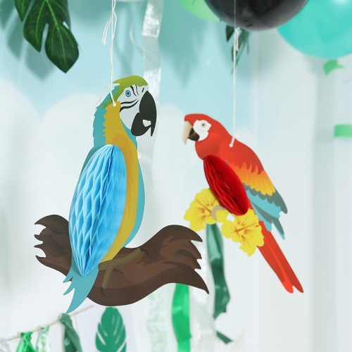 Décorations suspendues de perroquet en nid d'abeille 3PCS pour la fête d'été | Ornements de fête à thème hawaïen
