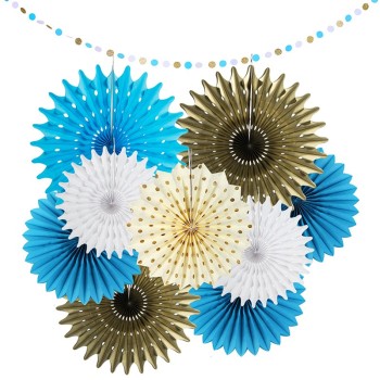 Blue Hanging Paper Fans Party Decoration Set Round Tissue Paper Garlands for Baby Shower Party