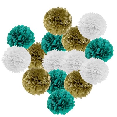 Teal Gold Party Decorations Hanging Tissue Paper Pom Poms for Baby Shower