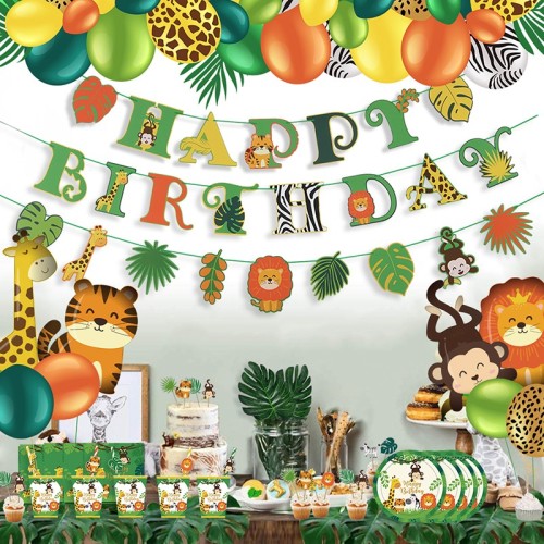 Bannière joyeux anniversaire en gros | Décorations de fête d'anniversaire sur le thème des animaux de la jungle de la maternelle