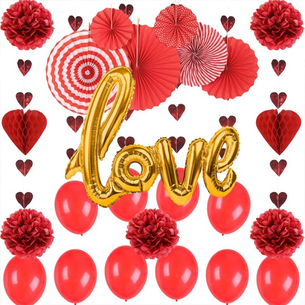 Rotes Herz zum Aufhängen, Folienstrudel, Liebesluftballons, Papierwaben für Partydekorationen zum Valentinstag