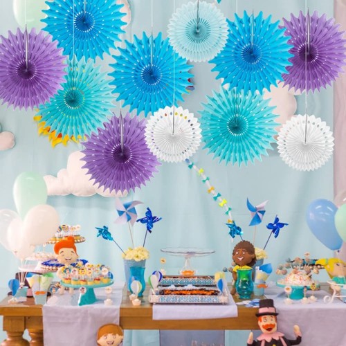 Décor suspendu de fête bleu violet rond décorations de ventilateur de papier pour les enfants Baby Shower