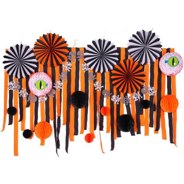 Halloween Decorations Wholesale | Black Orange Paper Fans Streamers Honeycomb Balls