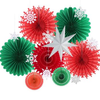 Christmas Party Decorations Kit | Green and Red Hanging Paper Fans Wholesale SUNBEAUTY