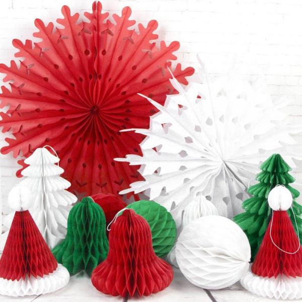 Christmas Party Hanging Decorations | Paper Honeycomb Tree, Ball, Bell & Hat Honeycomb Decorations