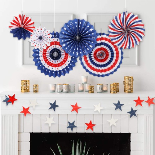 Blue Red Paper Fans Star Streamer Patriotic Decorations| 4th of July Party Decorations Bulk