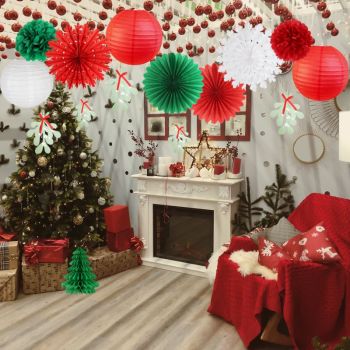 Bulk Party Hanging Decorations | Paper Fans Paper Pom Poms Flowers Paper Lanterns for Christmas