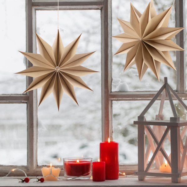 Brown 12-Pointed Paper Star Lanterns Christmas Hanging Lamp Rustic Paper Decorations Shade