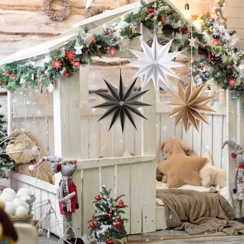 3 décorations d'étoiles en papier 3D | Vente en gros de décorations suspendues de Noël marron gris blanc