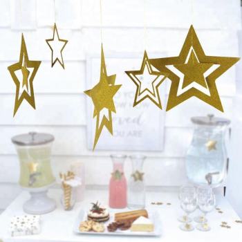 Gold Glitter Five Star Hanging Garland Goden Star String Decorations