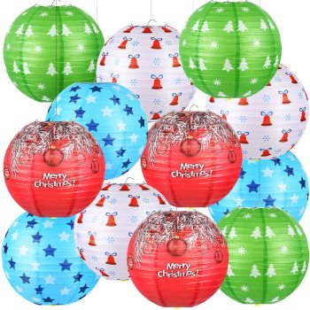 12 Pcs Christmas Party Paper Lanterns with LED Light Colorful Christmas Paper Lantern Lamps