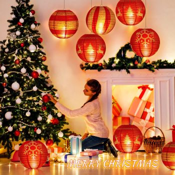 12 Pcs Christmas Party Red Paper Lanterns with LED Light Colorful Christmas Elk Paper Lantern Lamps