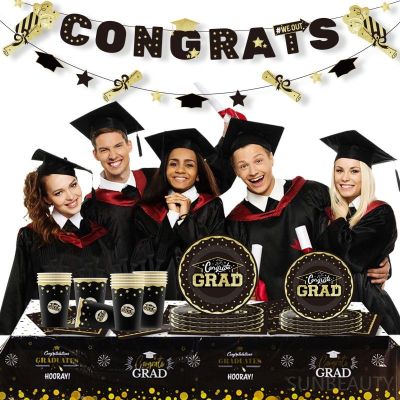 Blue Gold Graduation Disposable Tableware for Congrats Graduation Party Decorations