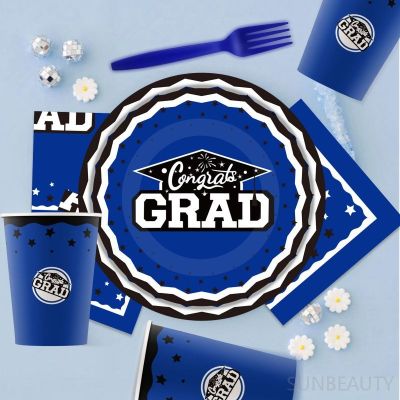 Blue Gold Graduation Disposable Tableware for Congrats Graduation Party Decorations