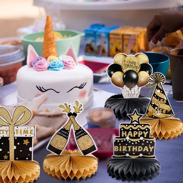 Black Gold Paper Honeycomb Table Decorations | Birthday Decorations Wholesale