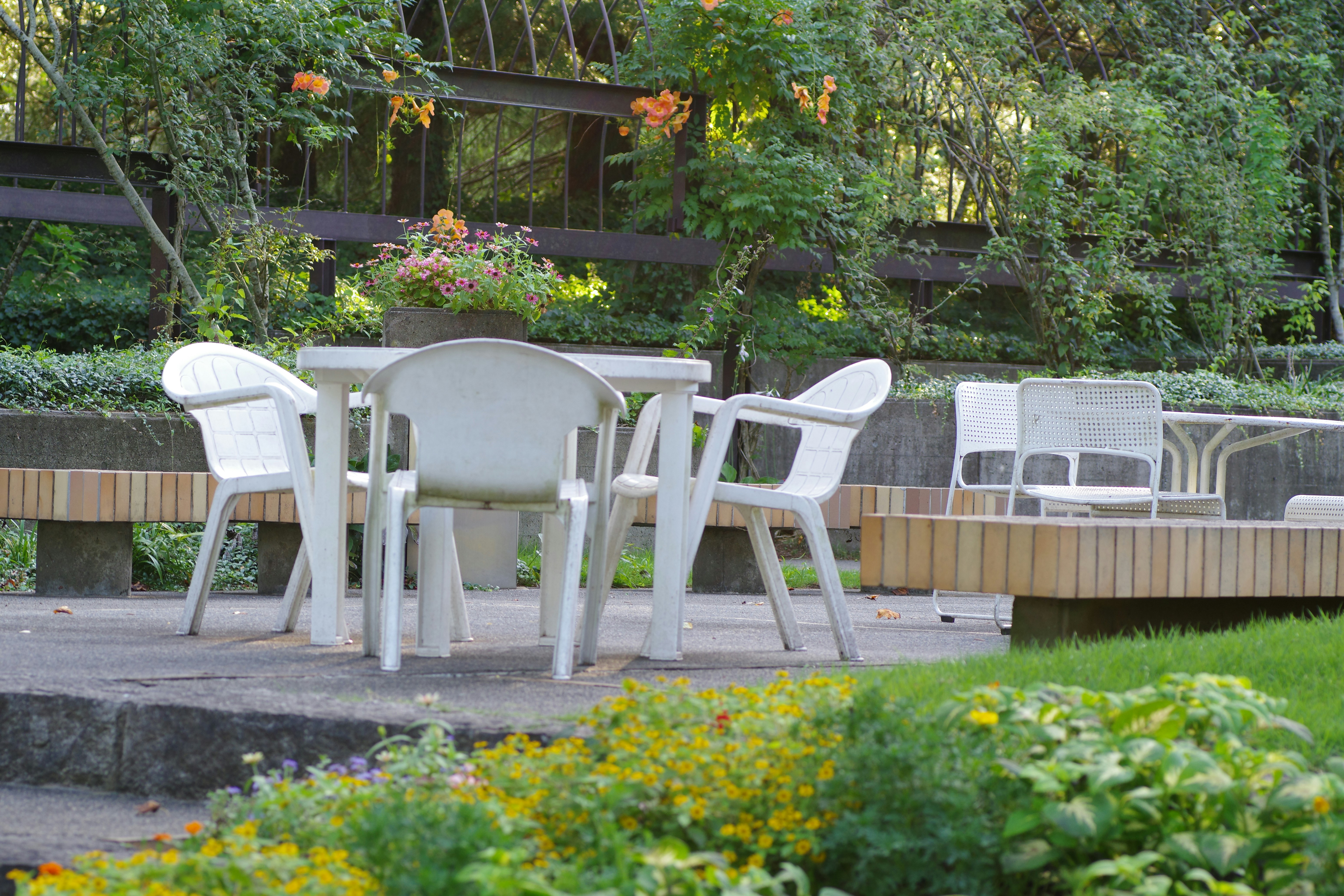 An elegant outdoor patio set with a table featuring powder-coated metal legs and matching chairs, set against a lush garden backdrop.
