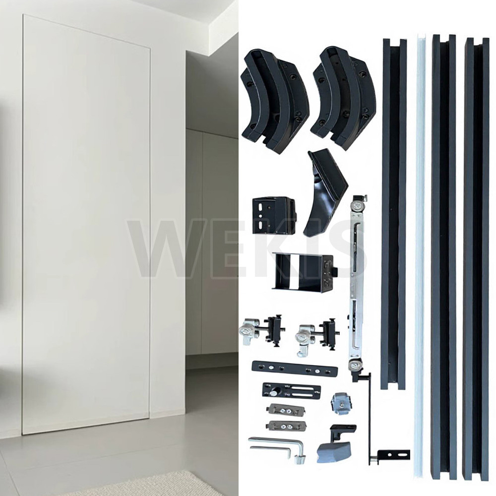 Wall-flush pivot sliding door installed in a modern hallway