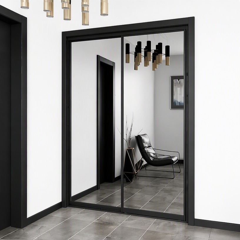 Black framed mirrored sliding door installed in a modern hallway