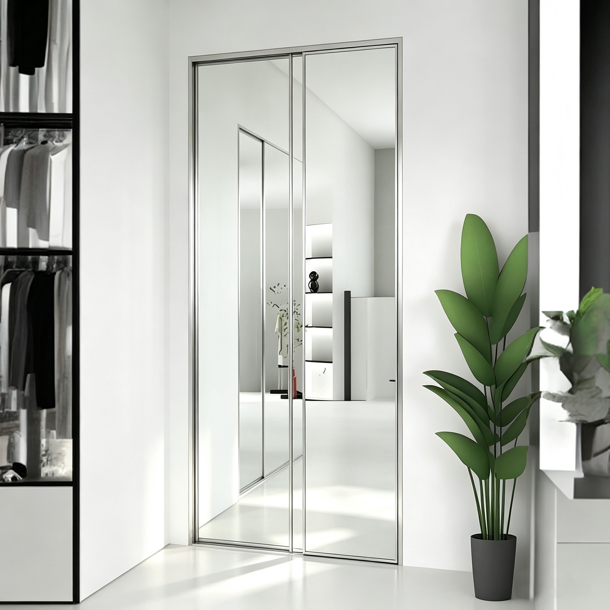 Mirrored sliding wardrobe door with concealed track in a walk-in closet