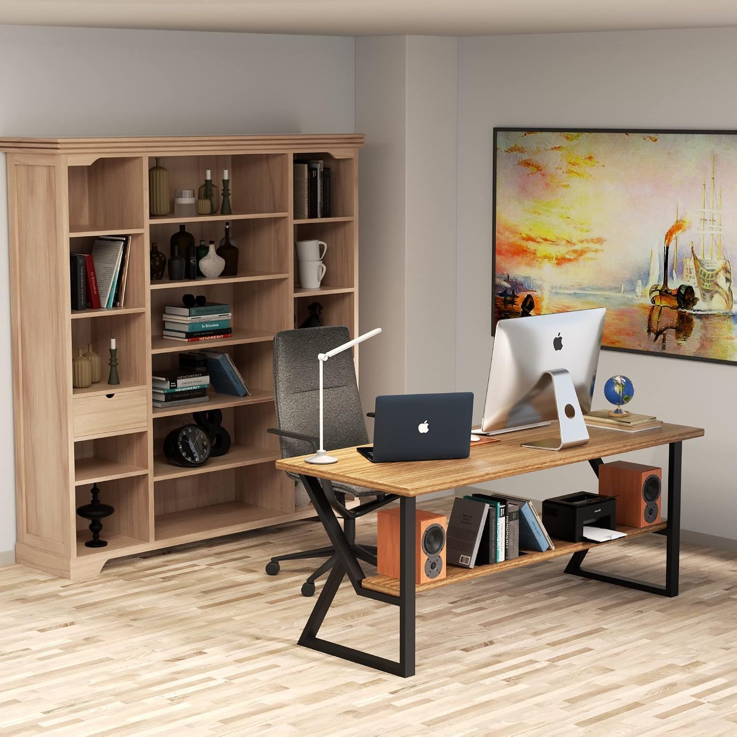 Large wooden worktable with black metal legs in a home office