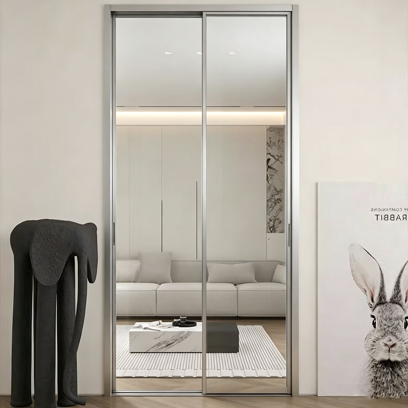 Mirror sliding door set used as a room divider in a living area