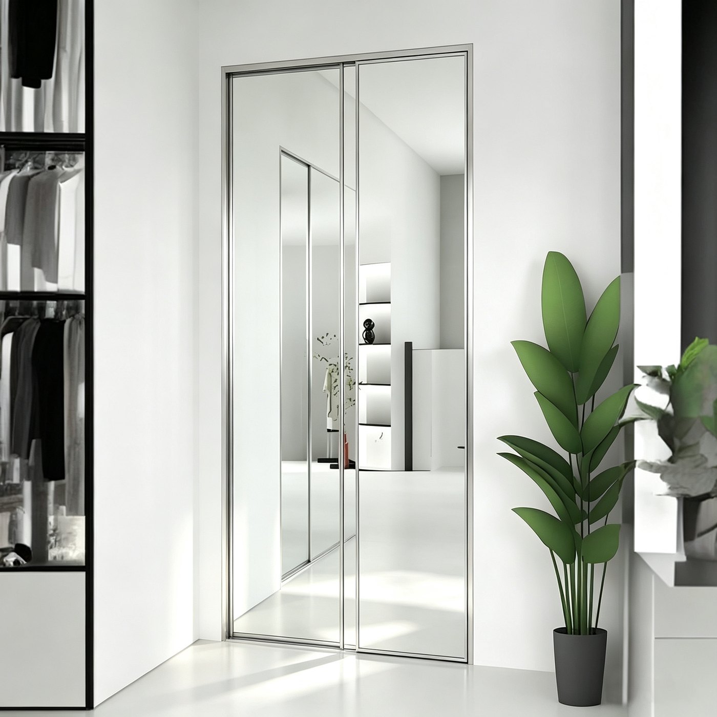 Mirror sliding doors closing a walk-in wardrobe opening
