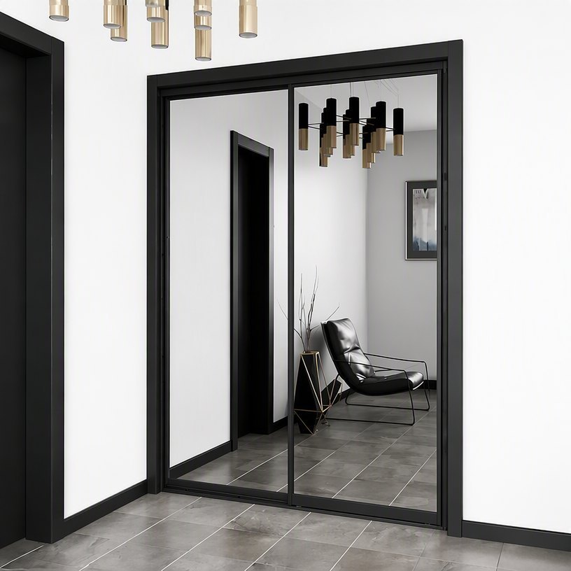 Black framed mirror sliding doors in an apartment hallway
