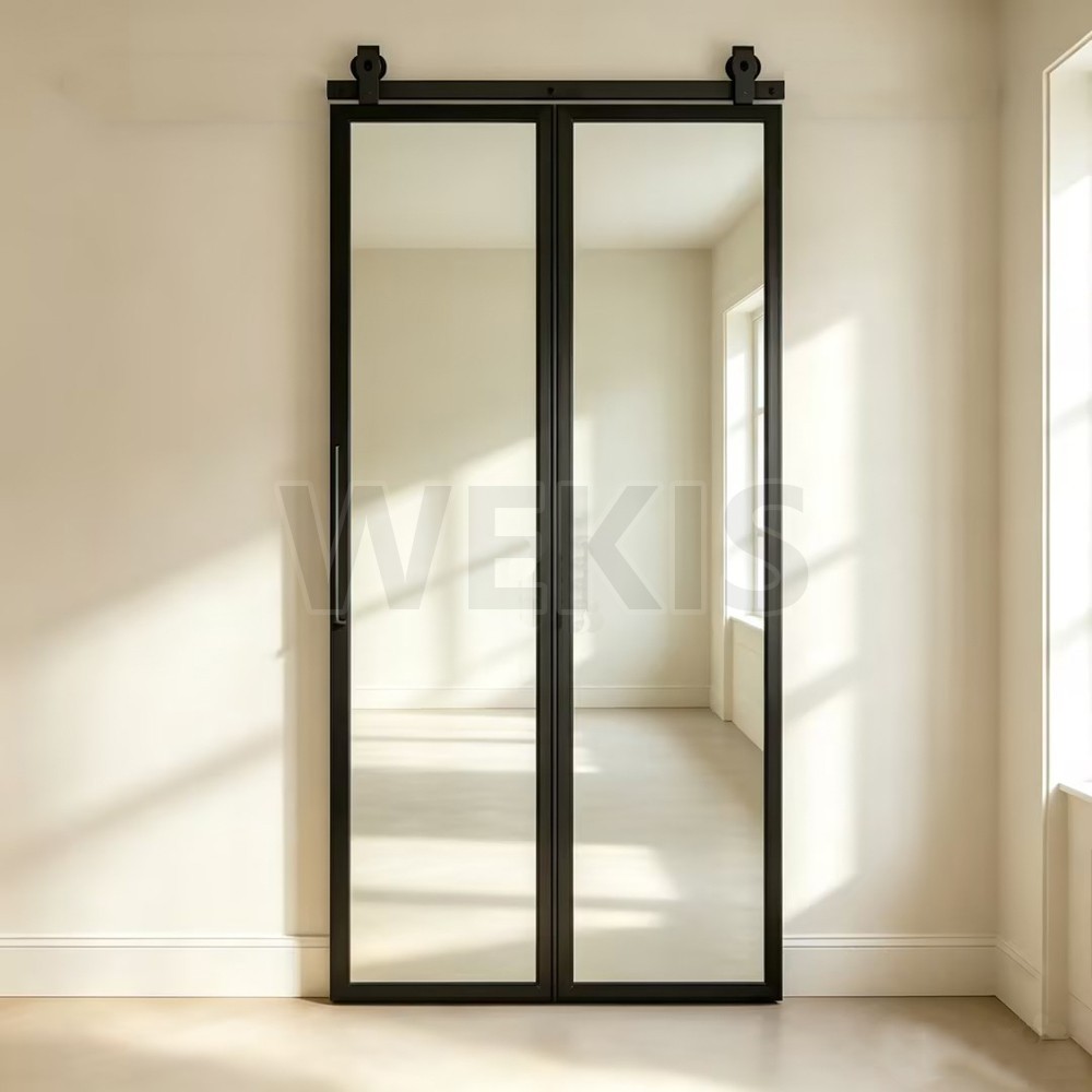 Mirror bifold barn door with black aluminium frame in a sunlit room