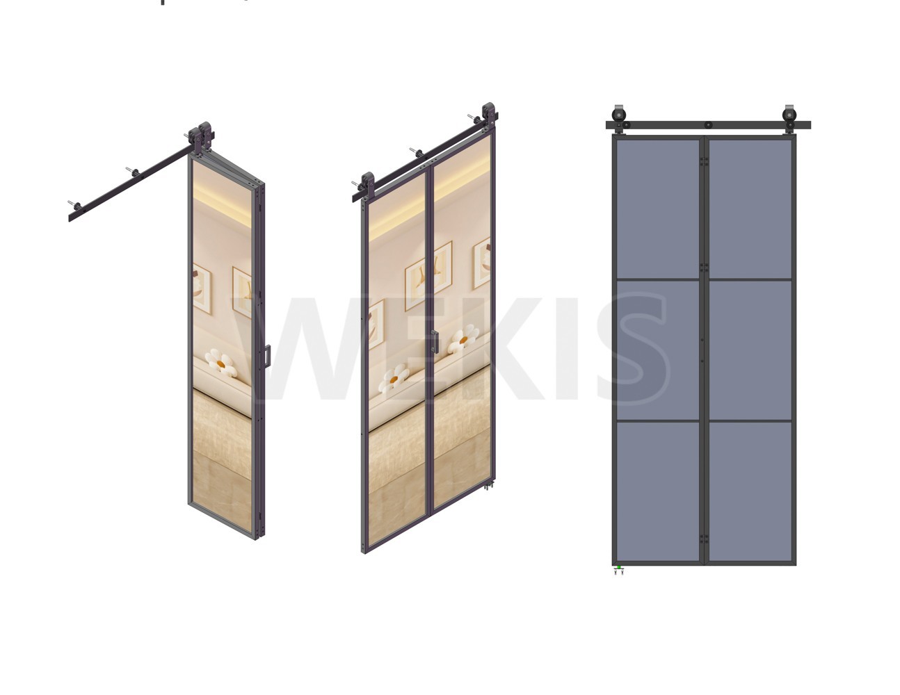 Mirror bifold barn door dimensioned drawing showing 1016mm track, 914x2134mm door and 457mm leaves