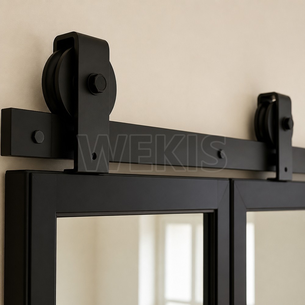 Black barn door hanger and roller running on the top track