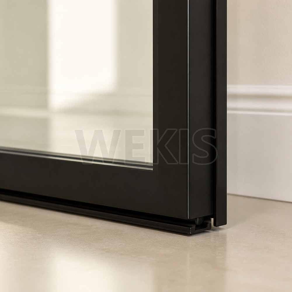 Floor guide channel at the base of the mirror bifold barn door