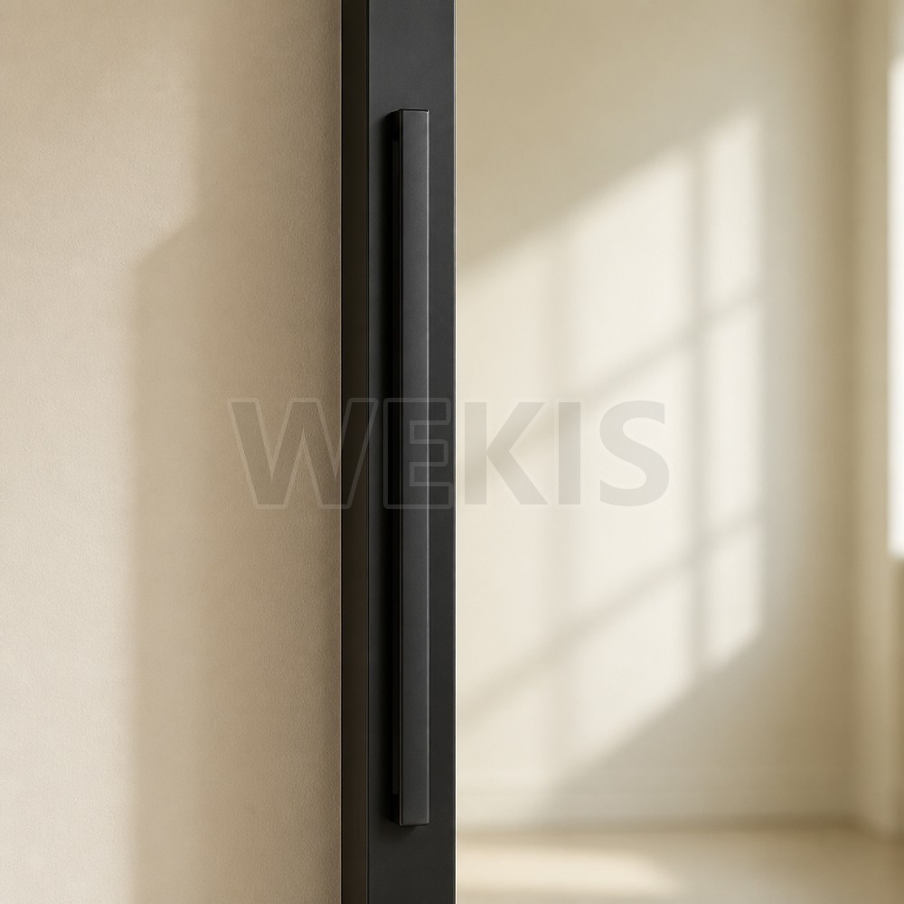 Black bar pull handle mounted on the aluminium door stile