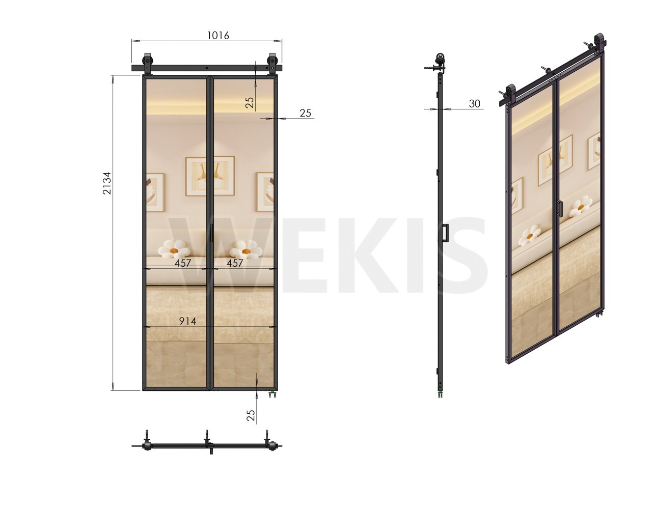 Mirror bifold barn door dividing a study alcove