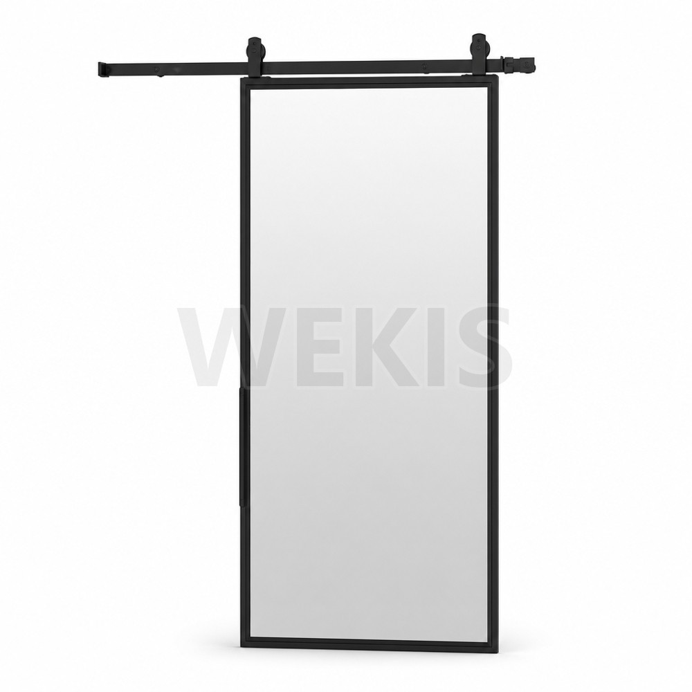 Mirror barn door with black aluminium frame and sliding track
