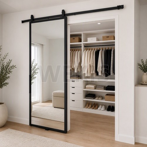 Mirror Barn Door with Black Aluminium Frame 914x2032mm Sliding