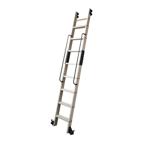 Oak Rolling Library Ladder with Black Tube Handrail 2200-2743mm