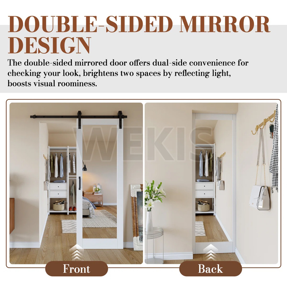 Front and back comparison showing mirrored surfaces on both faces of the barn door