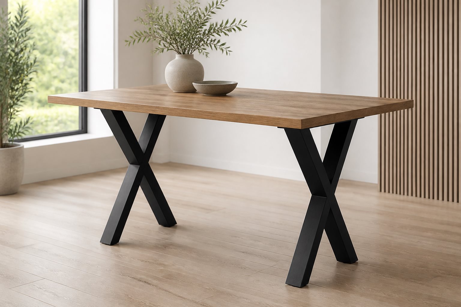 AA100003 knock-down X-frame table legs installed under a wood-top dining table in a bright modern interior