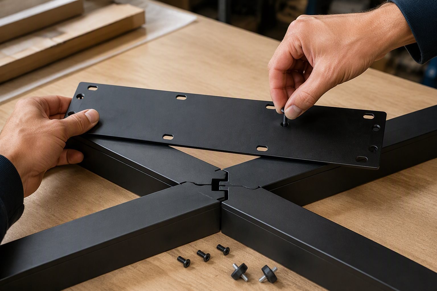 Close-up of hands fastening the mounting plate over the interlocking notch joint of the AA100003 table leg during assembly