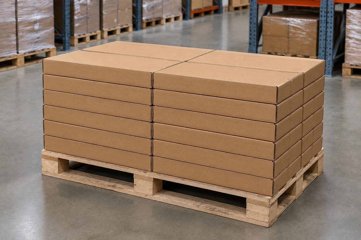 Flat shipping cartons for AA100003 knock-down table legs stacked on a pallet in a warehouse