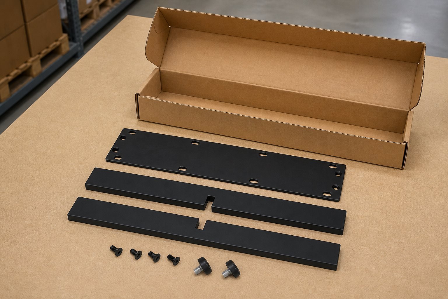 AA100003 X-frame table legs in disassembled flat-pack state next to an open shipping carton, showing mounting plate, two leg halves, screws, and leveler feet
