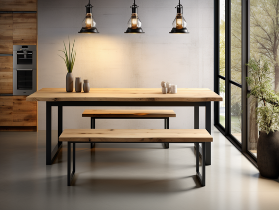 a_kitchen_table_and_bench_with_black_steel